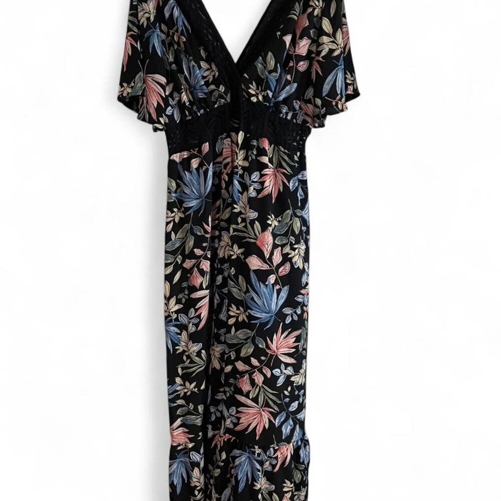Kiyonna Floral Crepe V-neck Maxi Dress with Black Lace Trim Size 2 / 16/18